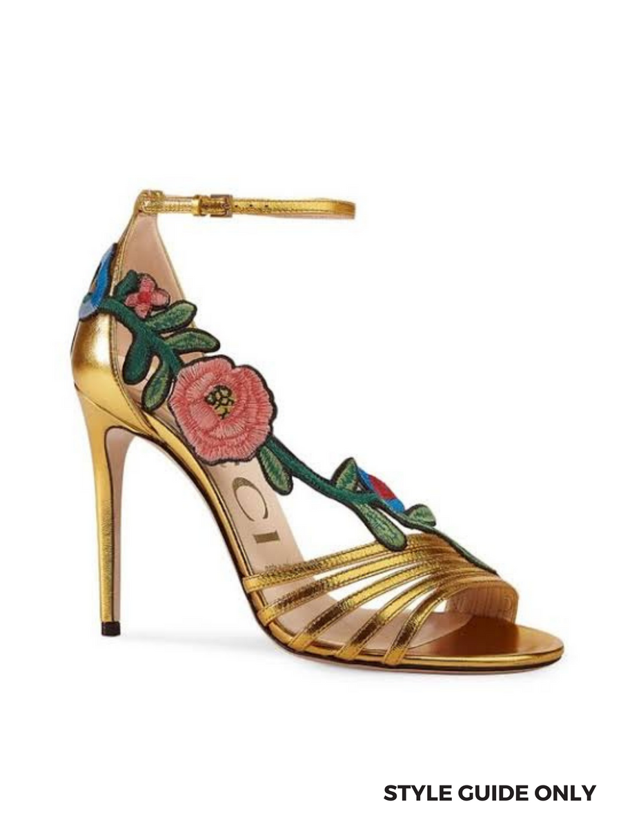 GUCCI - GOLD OPHELIA FLORAL EMBROIDERED SANDALS - SZ