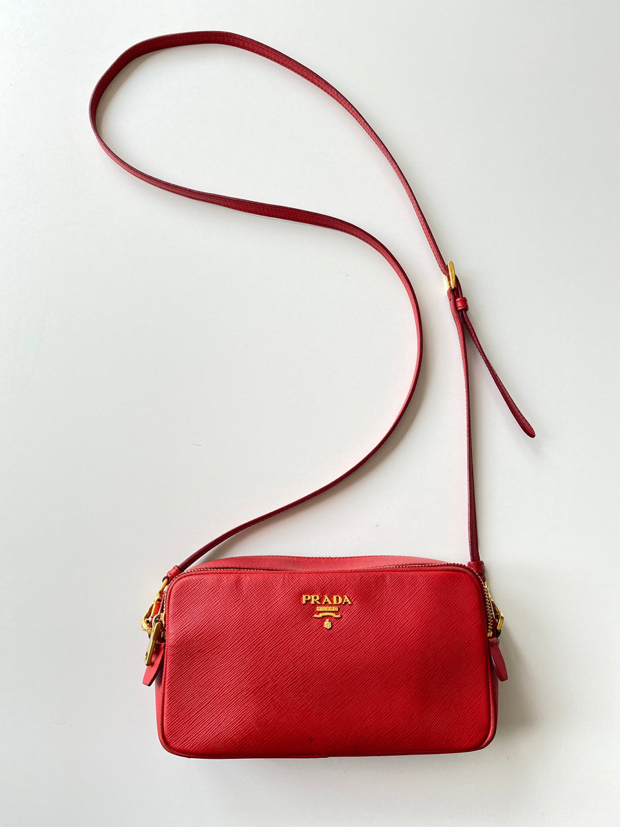 PRADA Double Zip Camera Leather Shoulder Bag Red