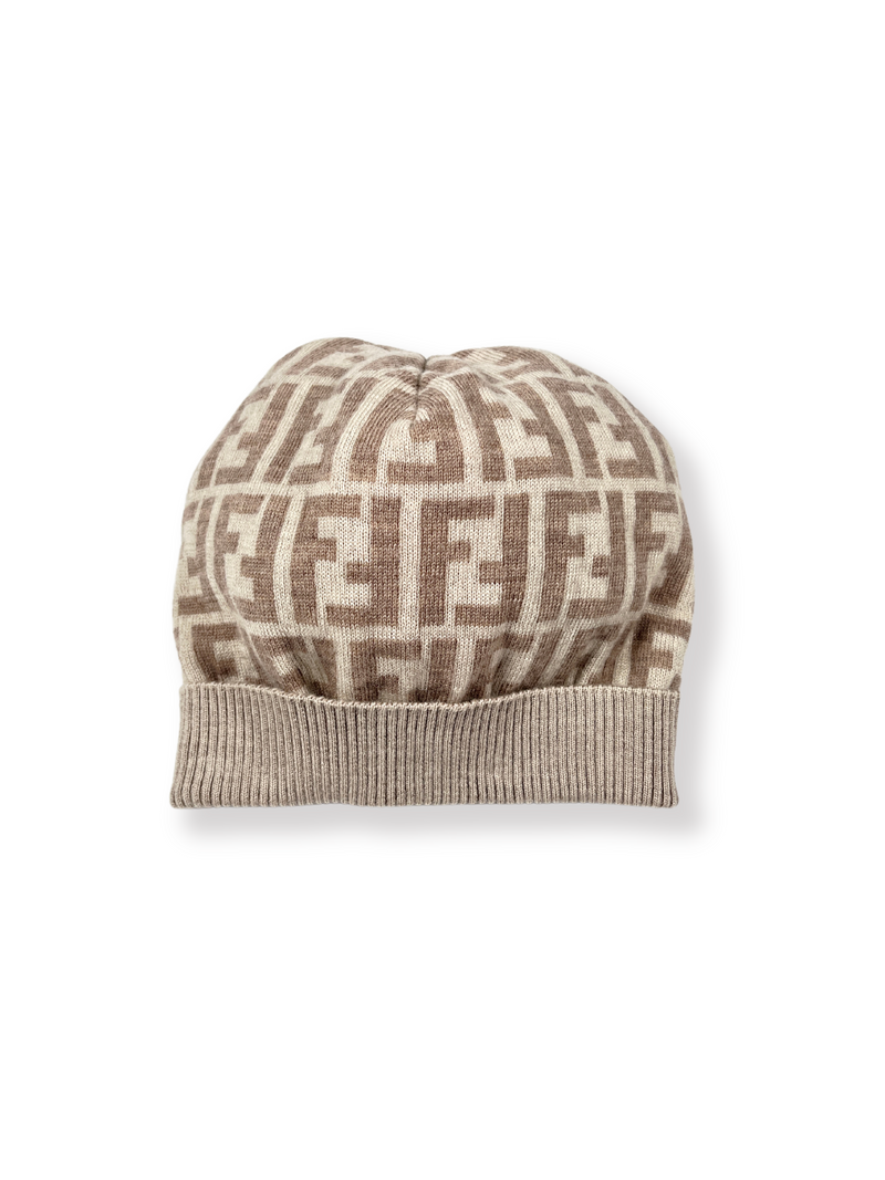 FENDI ZUCCA FF WOOL BEANIE IN BEIGE AND CREAM