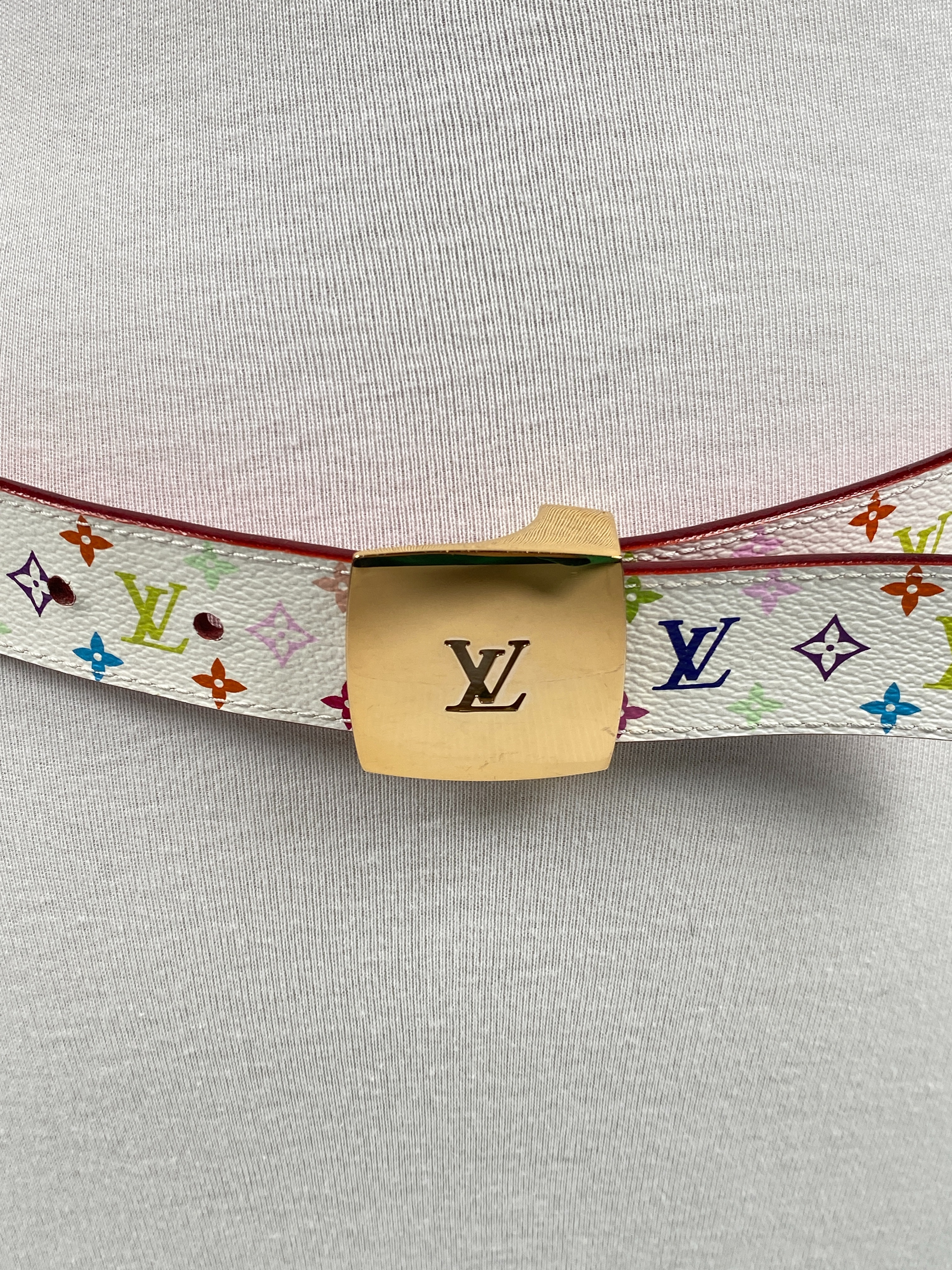 Louis Vuitton Multi Color Monogram on White Belt w/Gold Buckle