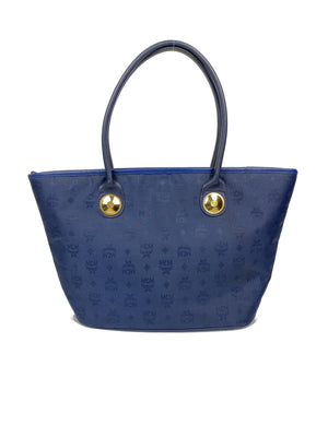 MCM - NAVY NYLON LOGO TOTE BAG GOLD MEDALLION