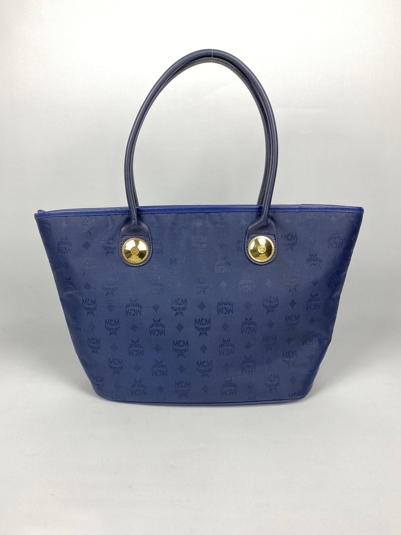 MCM - NAVY NYLON LOGO TOTE BAG GOLD MEDALLION