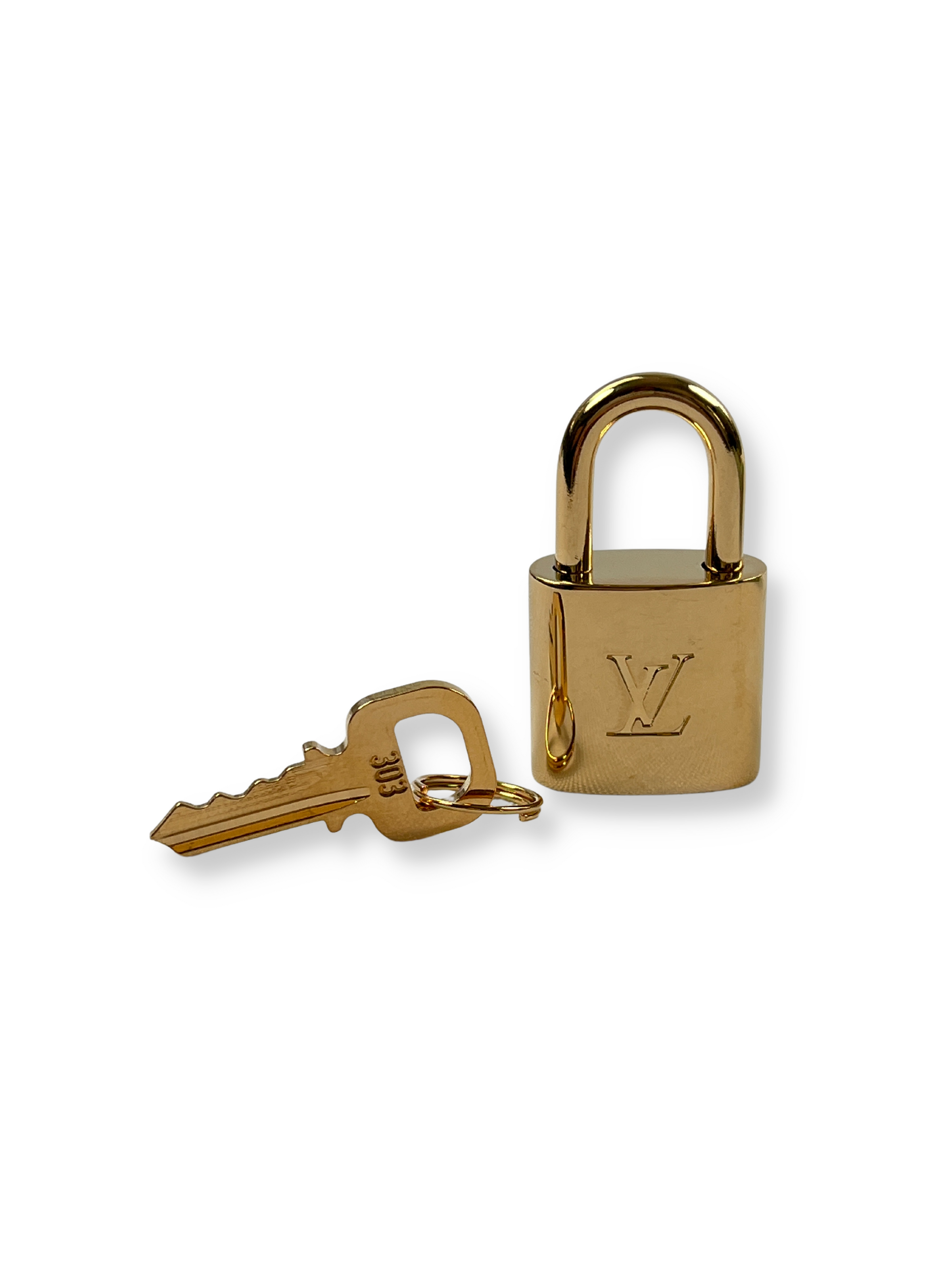 Authentic Louis Vuitton Lock/Padlock & Key Set - Shiny Golden Brass Tone